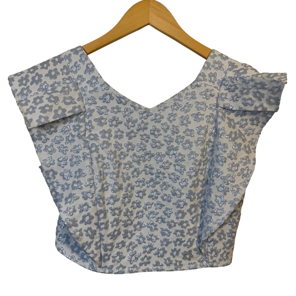 Koch Womens Medium Blouse Cecilia Blue Disco Floral Crop Top Zipper Ruffles - Picture 2 of 9